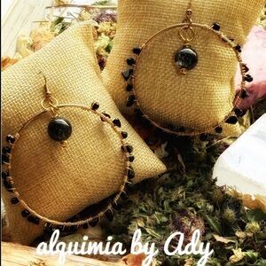 Black onyx tourmaline and gold dangle crystal extra large hoops earrings